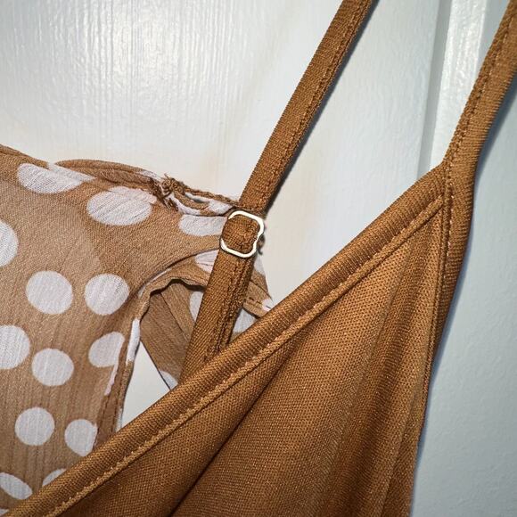 Calvin Klein Dress 14 Tan White Polka Dot Chiffon V-Neck Faux Wrap Lined Dress - Picture 4 of 12